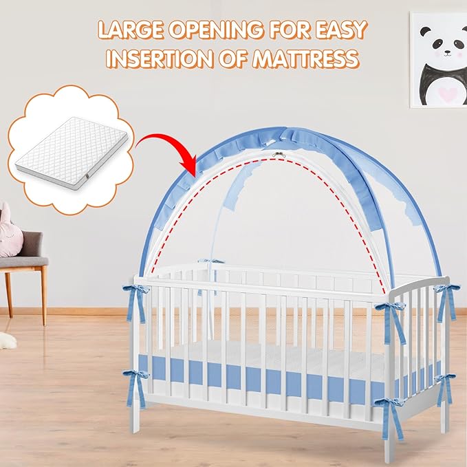 Crib Tent to Keep Baby from Climbing Out - Crib Net to Keep Baby in - Pop Up Breathable Cribs Cover - Canopy with Upgrade Strong Mesh and Durable Zipper (Blue, Lager)