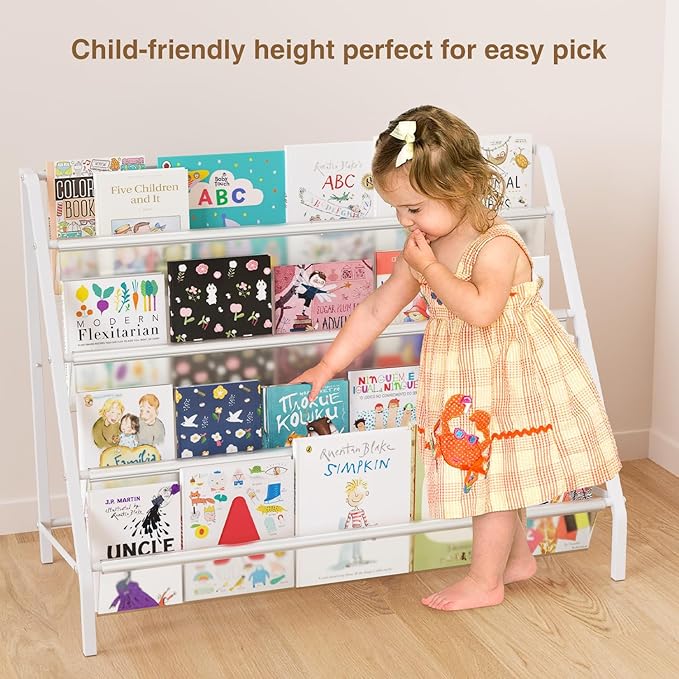 High-Transparent 4 Tier Kids Bookshelf, Sturdy Metal Large Size Book Rack Storage for Kids - Toddler Book Shelf Display for Nurasery, Kids Room, Deep Size Bookshelf Hold More Books