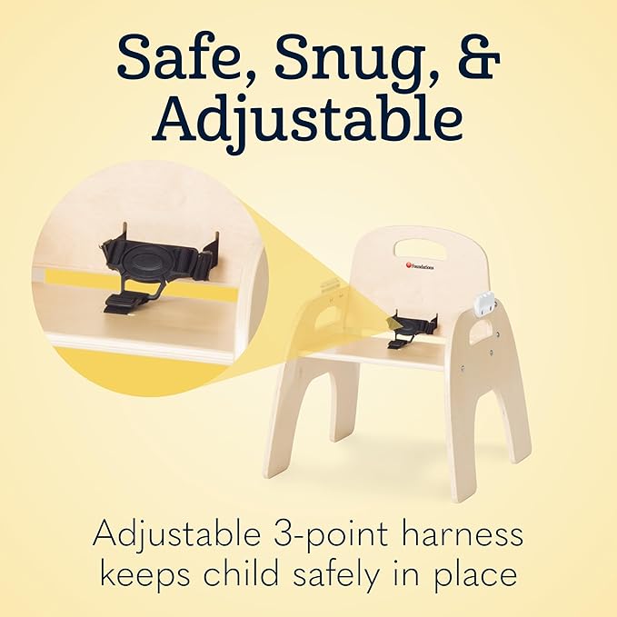 Foundations Easy Serve 7" Wood Feeding Chair for Toddlers, Adjustable Harness, Removable Dishwasher Safe Tray, “No Tip” Base, Baltic Birch Plywood