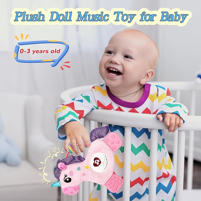 Baby Musical Activity Soft Toys with Sound & Light, Sensory Toys for Infant Developmental with Teether, Rattle and Textures, Soft Plush Toy for Newborn Gift 6 to 12 Months (Pink Unicorn)