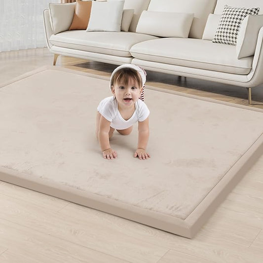ACOMOPACK Baby Play Mat for Floor 1.3" Thick Memory Foam Play Mat 59"×71" Tummy Time Crawling with Non-Slip Bottom for Living Room,Nursery,Soft Velvet Playpen Mats for Kids,Infants（Beige）