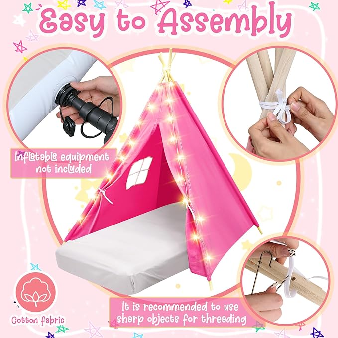 6 Pack Sleepovers Teepee Tent for Kids Bulk with Mattress Sheet Light,Natural Cotton Washable Indoor Play Tent for Birthday Slumber Party Girls Boys Pajama Movie Night Supplies(Pink, Rose Red)