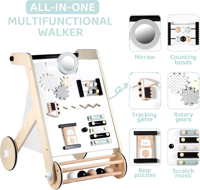 Beright Wooden Baby Walker with Roller, Push and Pull Learning Activity Walker, Multi-Functional Kids’ Activity Toy, Multiple Activities Center, Develops Motor Skills & Stimulates Creativity, Natural