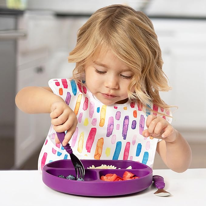 Bumkins Toddler Utensils, Kids Size Fork and Spoon Set, Silicone and Stainless-Steel Training Silverware, Angled Forks / Sporks for Self-Feeding, Children Hold Learning to Eat, 18 Months Up, Purple