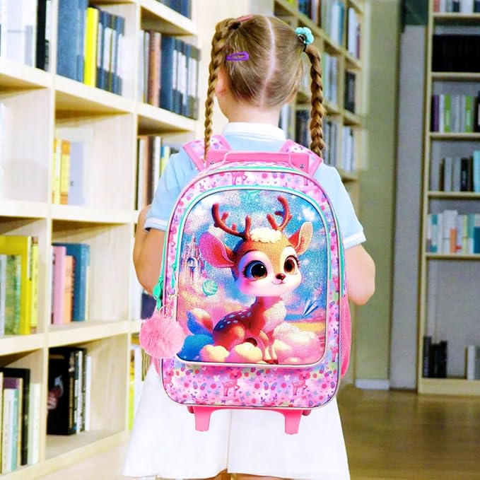 Girls Rolling Backpack, Cute Deer Roller Wheels Kids Bookbag - Wheeled Elementary School Bag - 3PCS Deer