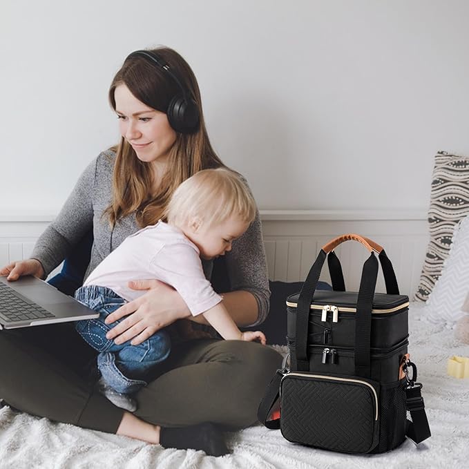 Breastmilk Cooler Bag with Ice Pack Fits 6 Baby Bottles Up to 9 Ounce, Expandable Double-Layer Leak-Proof Cooler Bag with Shoulder Strap for Nursing & Working Mom, Black