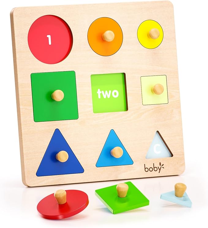Boby Montessori Puzzles for Babies 12-18-24 Months, Wooden Jumbo Knob Peg Puzzle Shape sorter for Toddlers 1-3 Year Old, Early Learning Sensorial Toys (Shapes & Size Sorting Puzzle)