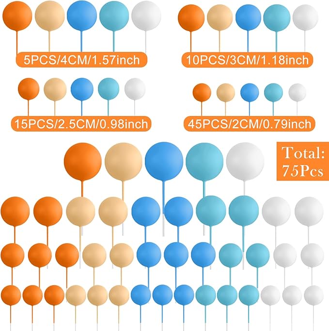 75 Pieces Cake Balls Topper Decorations Foam Cupcake Topper Mini Balloon Cake Topper Balls Cake Picks for Cake Deco Birthday Party Wedding（Orange,Yellow,Blue,White）