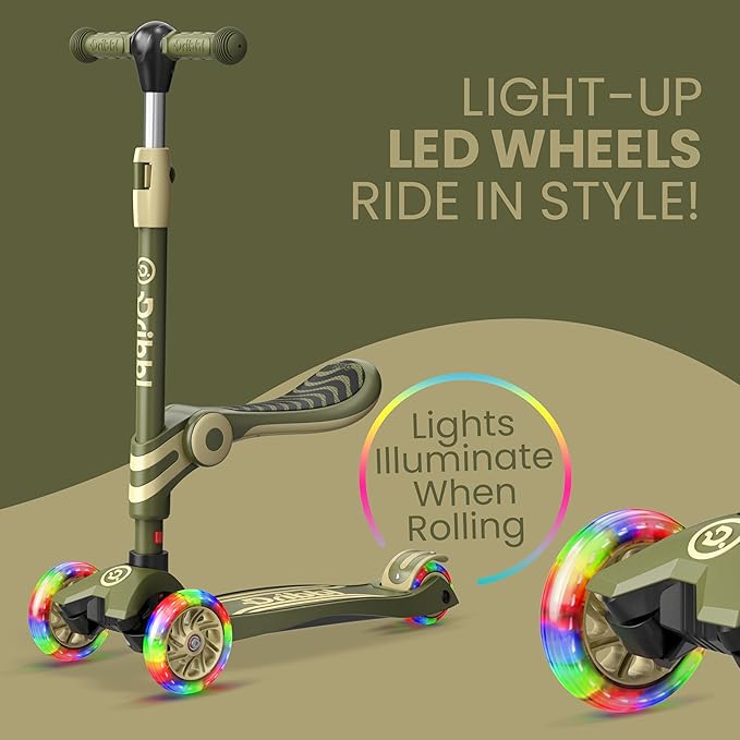 Army 3 Wheel Scooter with Seat for Kids – Light-Up LED Wheels, Adjustable Handlebar and Seat, Smooth PU Wheels, Wide Anti-Slip Deck, Rear Foot Brake – Toddler Outdoor Toys for Ages 2+