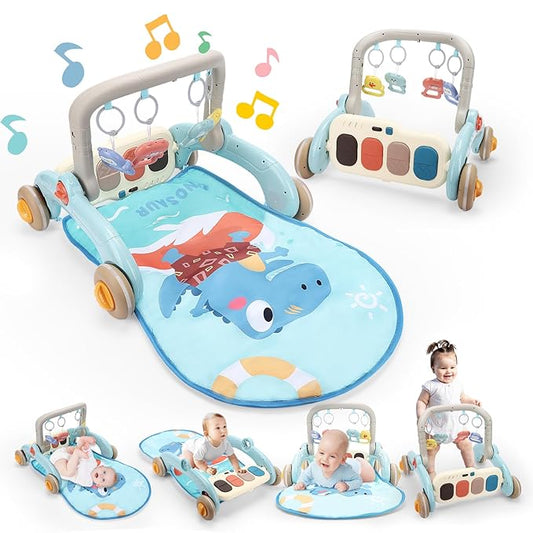 2 in 1 Baby Play Gym with Walker for Newborn, Baby Play Mat Activity Gym with 4 Infant Learning Sensory Tummy Time Mat for Infant Christmas Gifts Adjustable Height (Blue)
