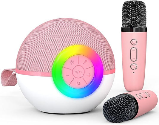 Karaoke Microphone Machine Toys for Kids Adults, Mini Portable Bluetooth Speaker with 2 Wireless Mics, Christmas Birthday Gifts for Boys Girls Ages 3 4 5 6 7 8 9 10 11 12+ Year (Pink)