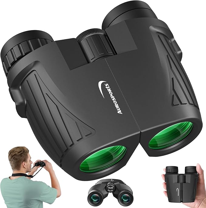 Aurosports 15x25 Compact Binoculars for Adult Kids - High Power Binoculars for Bird Watching - Easy Focus Small Binocular with Low Light Vision for Travel, Camping, Concert, Hiking