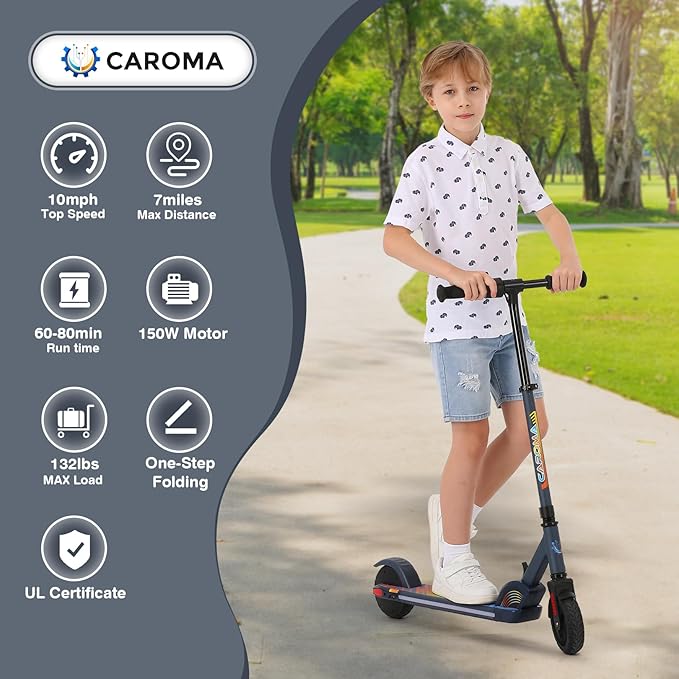Caroma Electric Scooter for Kids Ages 6-12,150W/180WMotor,10 MPH Max Speed & 7 Miles,Colorful Lights,Adjustable Height & Speed,LED Display,Foldable Kids Electric Scooter 132 Lbs Max Load,Idea Gift