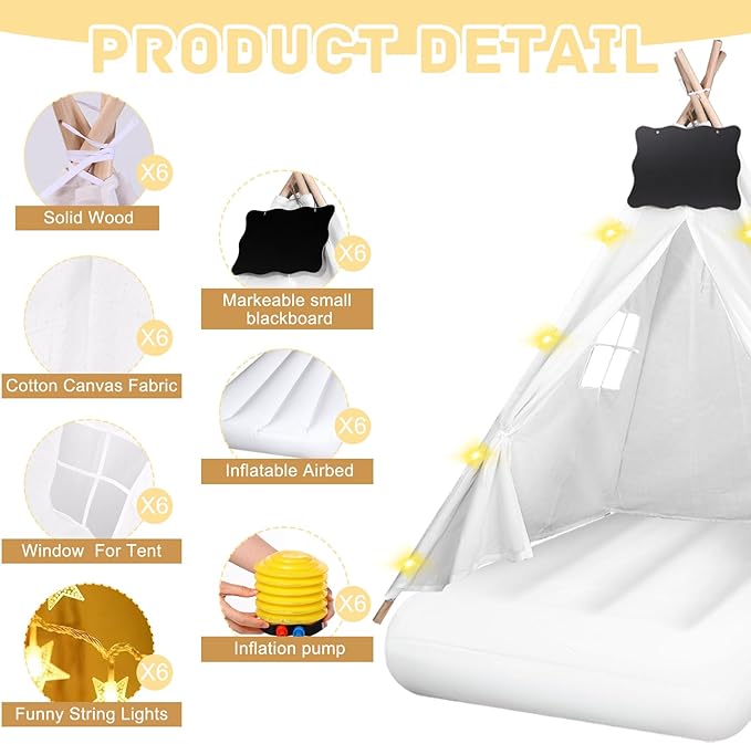 6 Pcs Kids Teepee Tent Bulk with Light String Inflatable Airbed Bedding Fitted Sheet and Markeable Small Blackboards for Boys Girls Indoor Outdoor Slumber Party (White)
