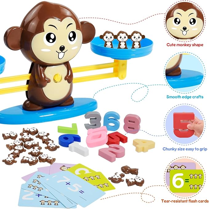 BAKAM Monkey Balance Scale Toy, Number Counting Blocks Games, Montessori Math Games for Kids 5-7, Preschool Kindergarten Learning Activities, STEM Educational Toys for 3+ Year Old