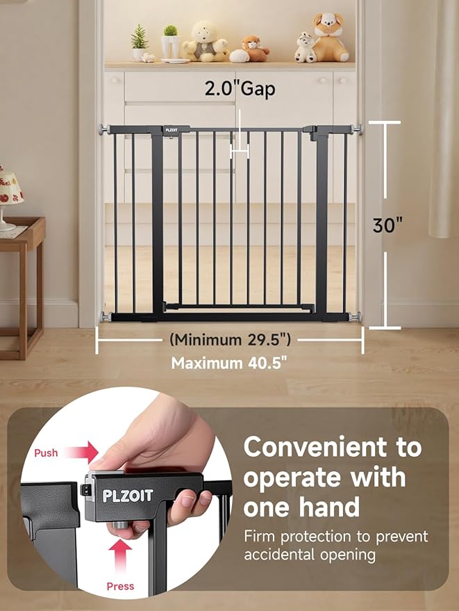 29.5-40.5" Baby Gate for Stairs, Dog Gate for Doorways, Walk Thru Auto Close Metal Baby Safety Gate for The House, Stairs and Doorways, Child Gate Pressure Mounted, Pet Gate for Dog Indoor - Black