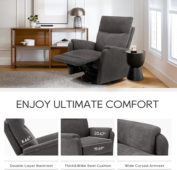 COLAMY Swivel Recliner Chair with Footrest, Strong Glide Chair High Back with Double-Layer Cushion, Rocker Recliner for Nursery & Living Room, Bedroom, Charcoal