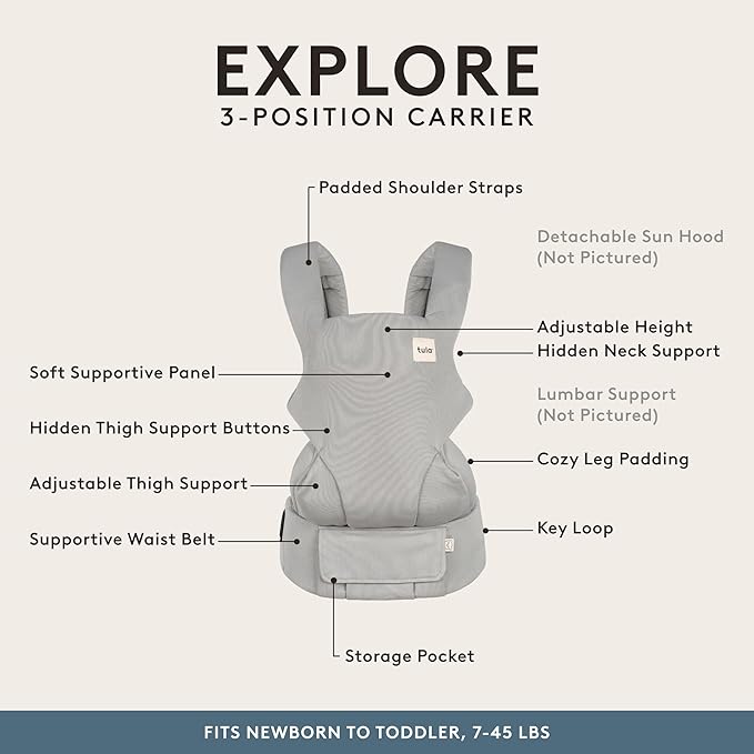 Baby Tula Explore Carriers - Breathable Baby Carrier Newborn to Toddler - Adjustable Toddler Carrier - Multiple Ergonomic Positions Front and Back - Ergonomic Fit for 7-45 lb - Mesh, Overcast