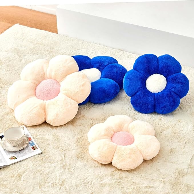 Beige Flower Pillow, Cute Decorative Flower Shaped Throw Pillow with Faux Rabbit Fur, 14.9" Soft Flower Plush Throw Pillow Floor Pillows Room Décor for Bedroom Living Room