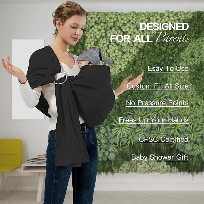 Baby Wrap Ring Sling 7-35 lbs, Baby Sling Carrier for Newborn, Toddler, Infant Holder, Lightweight Baby Carrier Wraps, Black