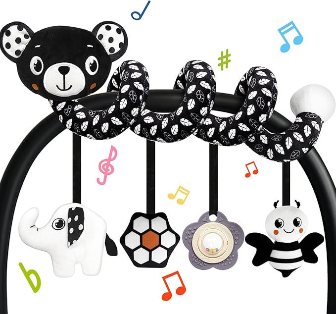 Car Seat Toys for Babies 0-6 Months,Hanging Rattle Toys for Crib Mobile, Baby Spiral Hanging Stroller Black and White High Contrast Toys for Newborn 0 3 6 9 12 Months Baby Boys Girls (Bear)