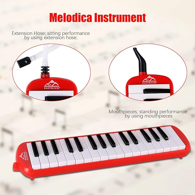EastRock 32 Key Melodica Instrument Keyboard Soprano Piano Style with Mouthpiece Tube Sets and Carrying Bag for Beginners Adults Gift Red