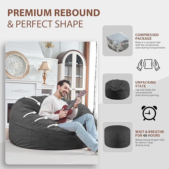 5FT Bean Bag Chair, Large Bean Bag Chairs with Memory Foam Filled, Fluffy Beanbag Sofa with Dutch Velvet Cover, Round BeanBag Chairs for Living Room, Playroom - Grey