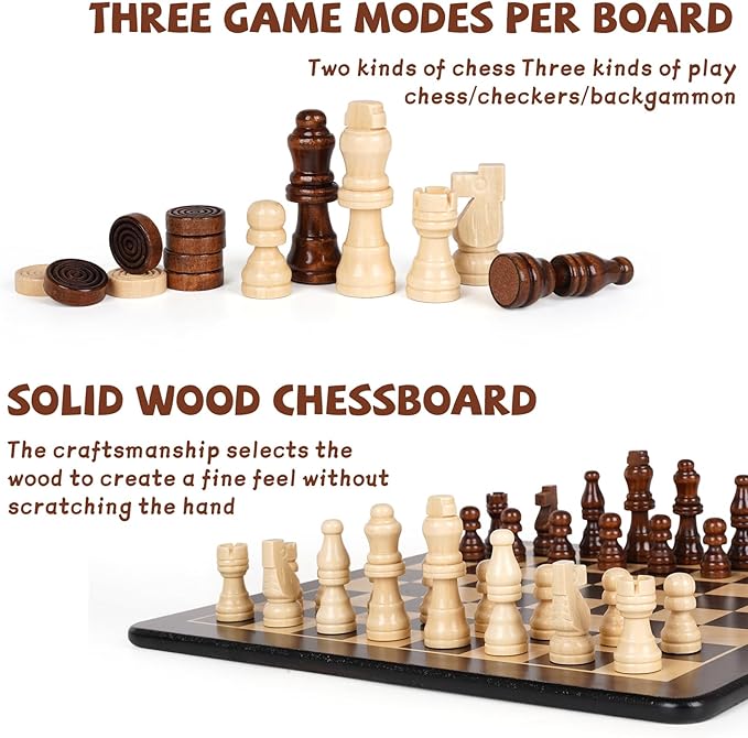 3-in-1 Wooden Chess, Backgammon Set and Checkers Set- 12 Inch Portable Board Game for Kids and Adults, Classic Strategy Game with Durable Chess Pieces Perfect for Travel Family Game Educational Games