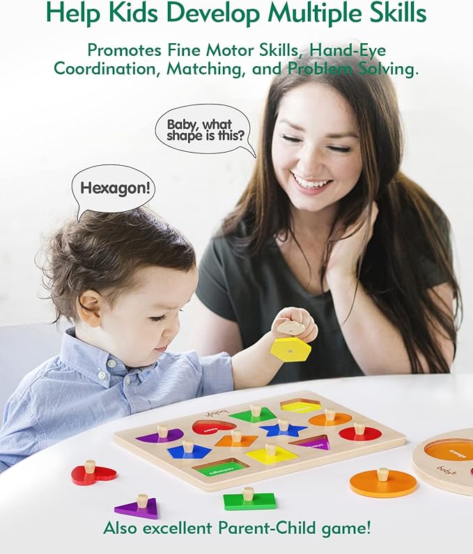 Boby Shape Color Puzzle for Toddlers 1-3, Montessori Learning Toys for 1 + Year Old Girl, Jumbo Knob Wooden Pegged Chunky Shapes Puzzles for Kids Ages 3, Baby Educational Toys 12-18-24 Months Boys