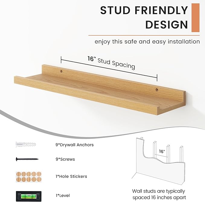 Floating Picture Ledge Shelves for Wall Set of 4, 24 Inch Wall Shelves with Lip Long Large Nursery Book Shelf for Toys Storage Kids Bookshelf Wall Mounted Living Room Bedroom Decor Frames