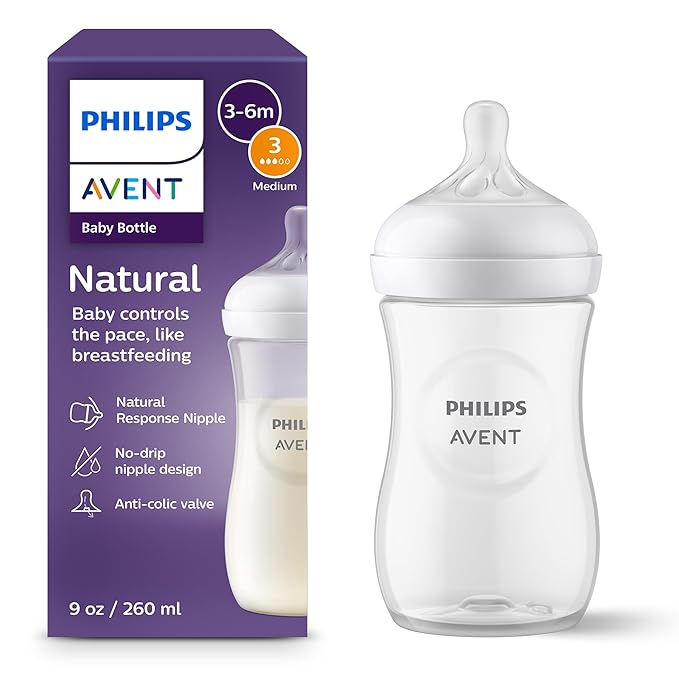 Philips Avent Natural Baby Bottle with Natural Response Nipple (Medium Flow,Flow 3), 9oz, SCY903/01