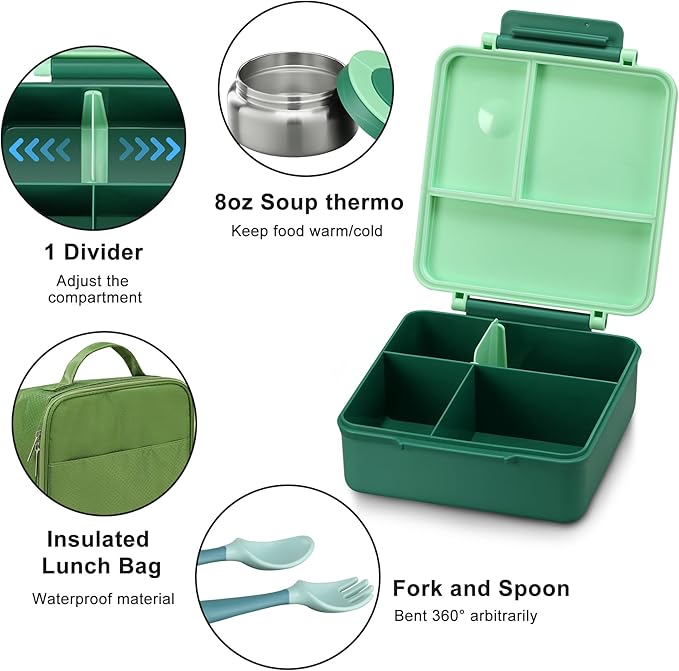 Bento Lunch Box for Kids with 8oz Soup Thermo&Lunch Bag, Leak-Proof Lunch Food Containers with 4 Compartment, Hot Food Insulated Food Jar for Kids School (Green)
