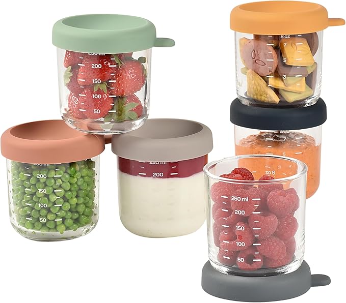 BEABA 6 Pack Glass Baby Food Jars with Soft Silicone Air Tight Lids, 8 oz Glass Storage Containers with Lids, Microwave and Freezer Safe Containers, Sunrise