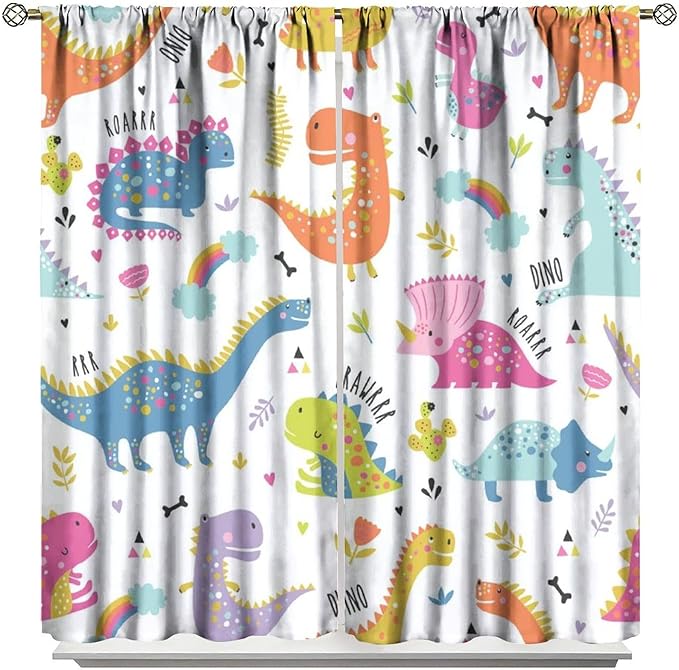 Cartoon Dinosaur Curtains for Boys Girls Home Decor Childish Cute Dino Animals Print Pattern Rod Pocket Blackout Window Drapes for Nursery Baby Bedroom Playroom W21xL45in Decor
