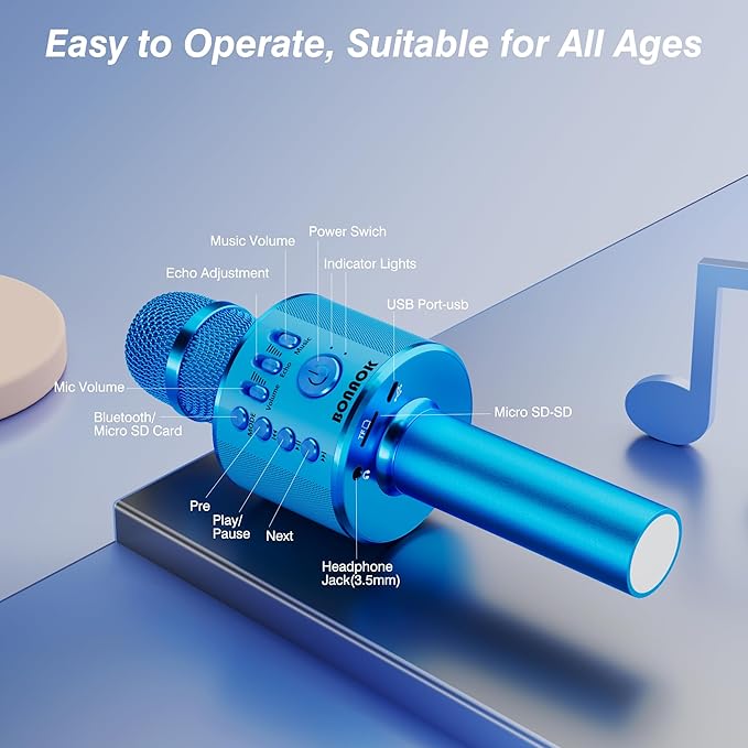 BONAOK Wireless Bluetooth Karaoke Microphone,3-in-1 Portable Handheld Karaoke Mic Speaker Machine Birthday Home Party for PC or All Smartphone (Q37 Blue)