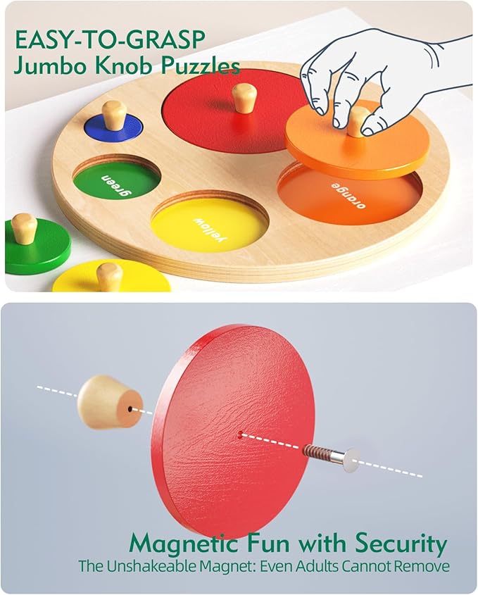 Boby Montessori Multiple Circle Puzzle Board, Knob Wooden Puzzle, Geometric Shape Puzzle Early Education Material Sensorial Toy for Toddler Shape & Color Sorter (Multiple Circle Puzzles)