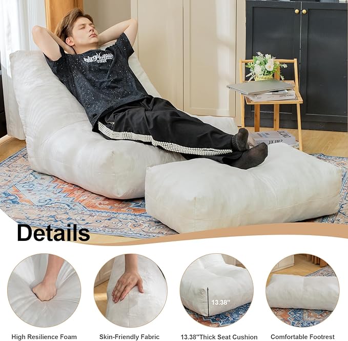 Bean Bag Chair with Ottoman, Comfy Bean Bag Sofa with Memory Foam, Lazy BeanBag Sofa with Footstool, Fireside Bean Bag Couch for Living Room, Bedroom, Apartment