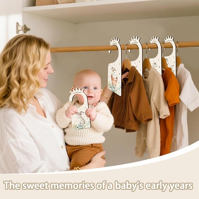 Baby Clothes Dividers for Closet - Set of 8 Wooden Baby Size Closet Dividers Newborn to 24 Months, Rabbits Babies Clothes Organizer for Boys Girl Nursery Decor Gender-Neutral Newborn Hangers Dividers