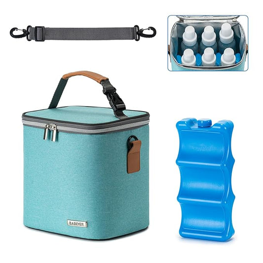 Breastmilk Cooler Bag with Ice Pack Fits 6 Baby Bottles Up to 9 Ounce, Baby Bottle Bag with Shoulder Strap for Nursing Mom Daycare, Aqua