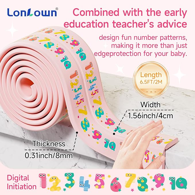 Edge Protector for Baby 6.5ft Soft Protective Foam Cushion Furniture Edge and Corner Guards Baby Child Proofing Cartoon Digital Pattern Odorless Safe for Table,Fireplace,Countertop