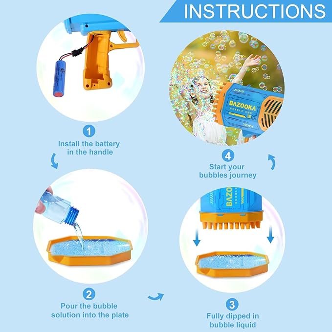 Bubble Gun Bazooka Machine with Solution - 69 Holes Blaster for Outdoor Summer Toy, Party Favors - Blue Bubble Maker Blowers for Kids