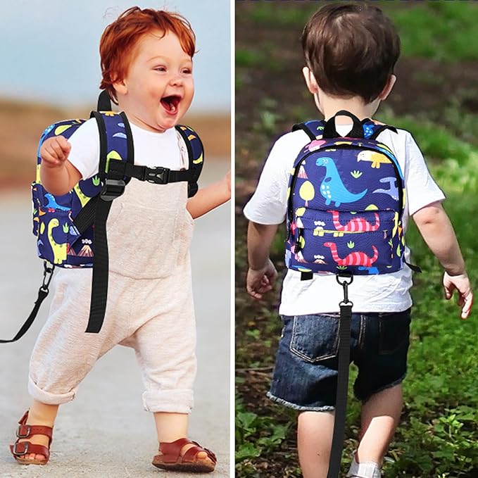 Accmor Toddler Backpack Leash with Anti Lost Wrist Link, Cute Mini Child Walking Harnesses Keep Kids Close Back Pack Rope Tether Rein for Baby Boys (Navy Blue/Dino)