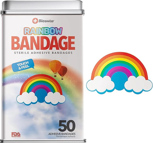 BioSwiss Bandages, Rainbow Shaped Self Adhesive Bandage, Latex Free Sterile Wound Care, Fun First Aid Kit Supplies for Kids, 50 Count