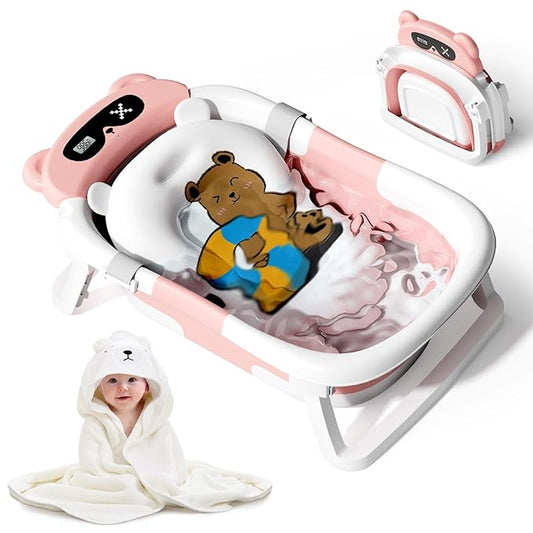 Collapsible Baby Bathtub for Newborn to Toddler (0-18 Month) - Portable Baby Bath Tub for Travel, Newborn Bathtub with Soft Towel and Floating Cushion (Pink)