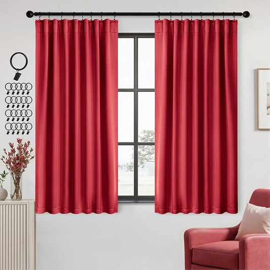 ANRODUO Back Tab Blackout Curtains for Bedroom Living Room, Rod Pocket Pinch Pleated Thermal Insulated Room Darkening Curtains 63 Inches Long 2 Panels, Red, 42 x 63 Inch