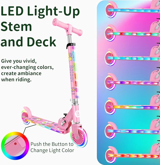 BELEEV V2 Scooters for Kids with Light-Up Wheels & Stem & Deck, 2 Wheel Folding Scooter for Girls Boys, 3 Adjustable Height, Non-Slip Pattern Deck, Lightweight Kick Scooter for Children Ages 3-12
