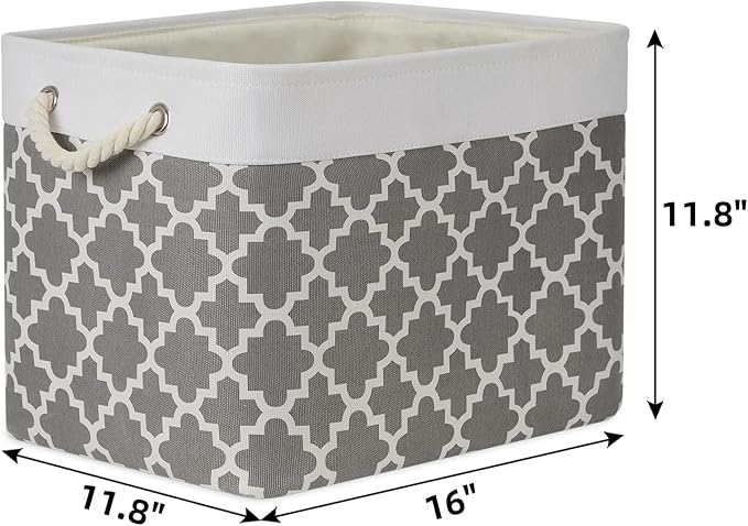 Bidtakay Large Fabric Storage Basket Set of 2 Collapsible Rectangle Basket for Shelves 16" X 11.8" X 11.8" Decorative Organizer Bins for Clothes Toys(White&Quatrefoil Grey)