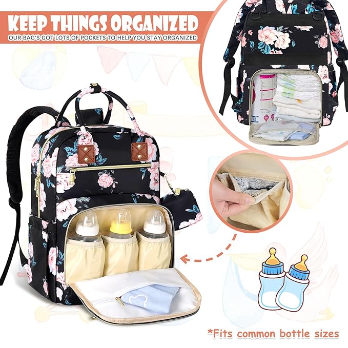 Baby Diaper Bag Backpack, Travel Diaper Bags for Girl Boy Large Capacity Baby Bag Backpack for Women Black Floral