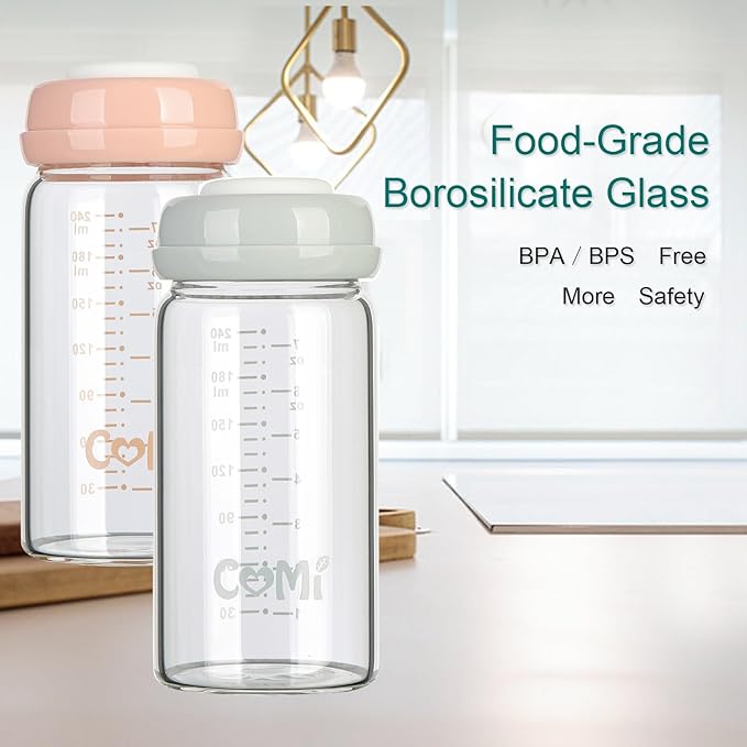 COMI Wide Neck Glass Breastmilk Collection n Storage Bottle, 8oz with Screw Ring Sealing Disk; Re-markable Sealing Disc. BPA Free, Fits Breast Pumps & Nipples (4 Gray Lids)