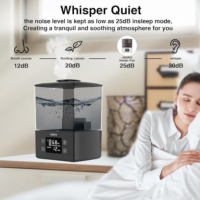 Air Humidifiers for Bedroom and Baby, Home & Plants - KUICH 2.4L Cool Mist Humidifiers for Nursery, 26db Quiet Top Fill Air Humidifier Lasts Up to 30 Hours, Auto Shut-Off, Easy to Fill and Clean,Black